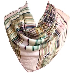 Vintage Aker 🇹🇷 100% Silk Scarf – 34" Square – Pastel Stripes & Geometric